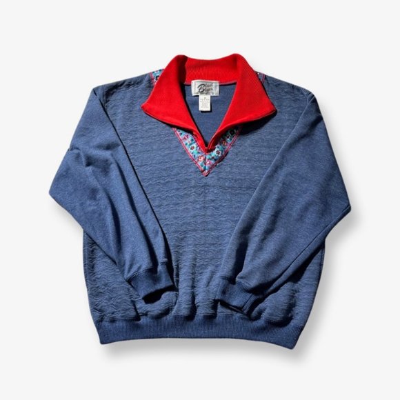 Vintage Grannycore Navy Blue and Red Turtleneck & Zip Collar Sweatshirt - Picture 4 of 9